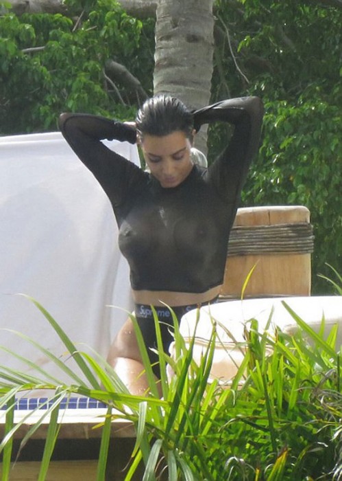 Sexy Kim Kardashian Giant Boobs in Black Wet Top